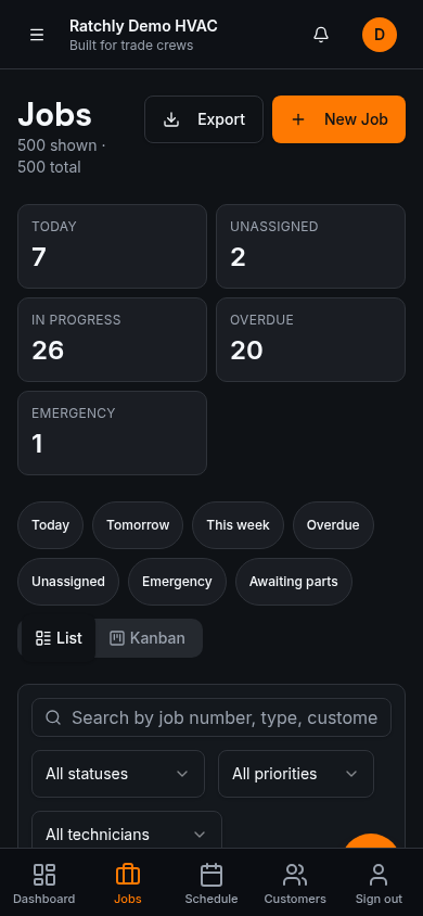 Ratchly mobile tech app — active job with status controls